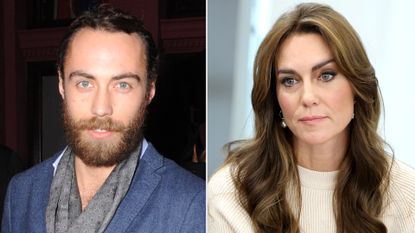 James Middleton with a beard and wearing a scarf and Kate Middleton wearing a cream sweater dress and looking sad, with long bouncy hair