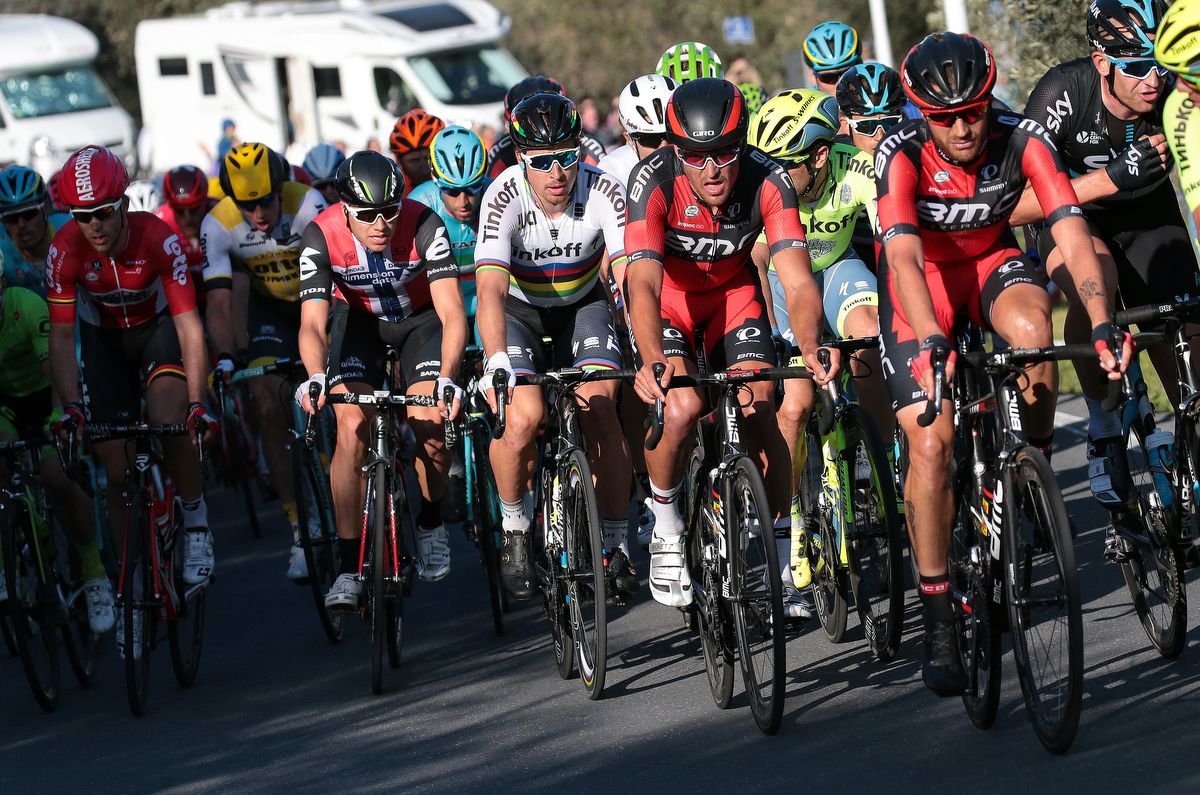 Peter Sagan sitting on Greg Van Avermaet's (BMC) wheel on the Cipressa late in the race