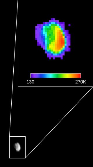 A thermal image of Phobos shows a range of surface temperatures detected by Mars Odyssey on Sept. 29, 2017.