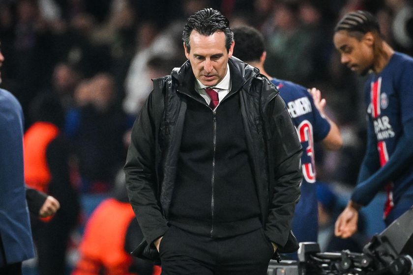 Aston Villa manager Unai Emery looks dejected during the Champions League quarter-final first leg match against PSG at the Parc des Princes in Paris, France on 9 April, 2025.