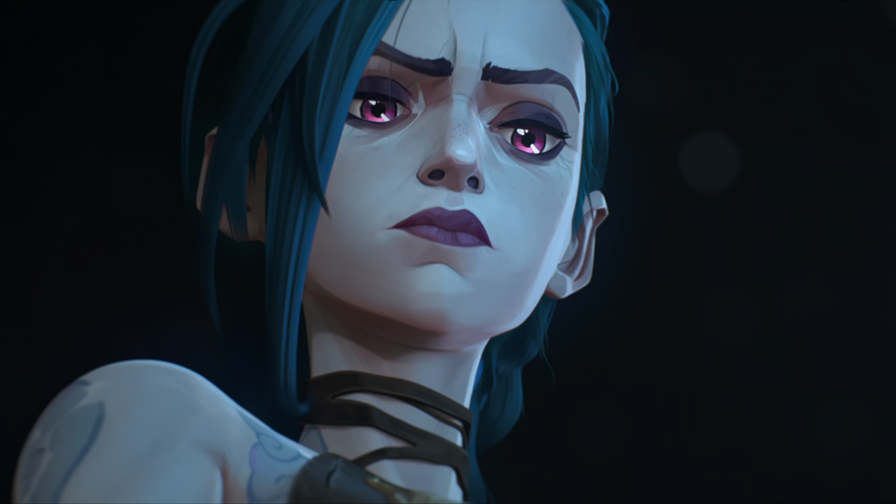 Close-up shot of Jinx looking at Vi off-screen in Arcane season 2 episode 3