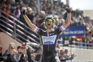 Netherland's Niki Terpstra reacts as he crosses the finish line to win the 112th edition of the Paris-Roubaix