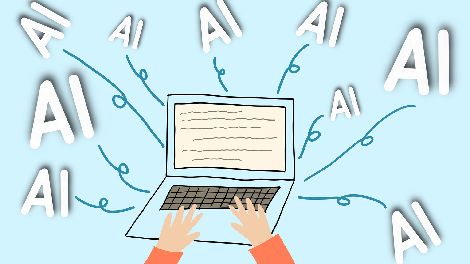 A cartoon of someone using a laptop with the word "AI" surrounding them.