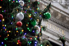 A Christmas tree outside the New York Stock Exchange (NYSE) in New York, US, on Monday, Dec. 9, 2024.