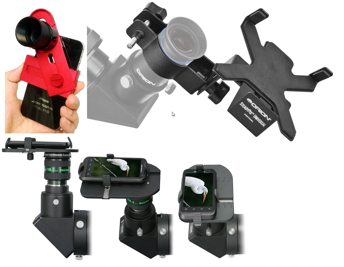 A sampling of several inexpensive smartphone adapters that let you mount your device on a telescope or binoculars. Clockwise from upper left: the iOptron Universal Smartphone Eyepiece Adapter, the Orion SteadyPix Universal Smartphone Adapter, and the TeleVue FoneMate.