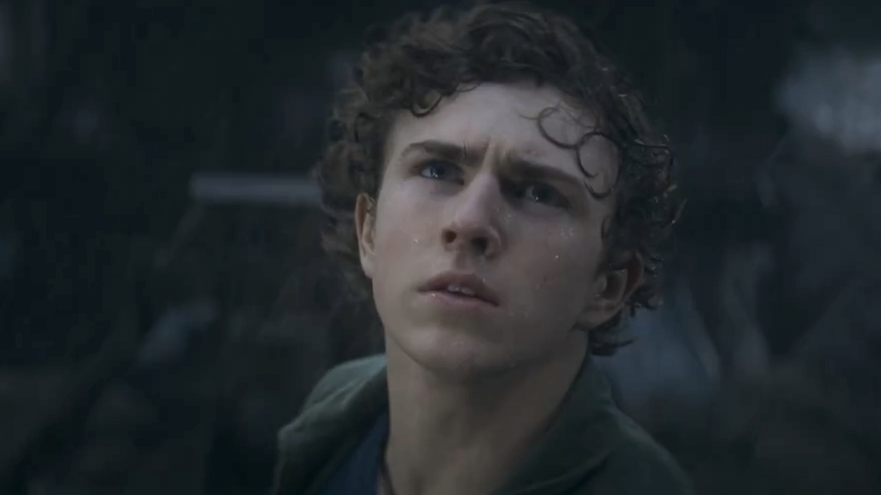 Walker Scobell in a storm in Percy Jackson Season 2