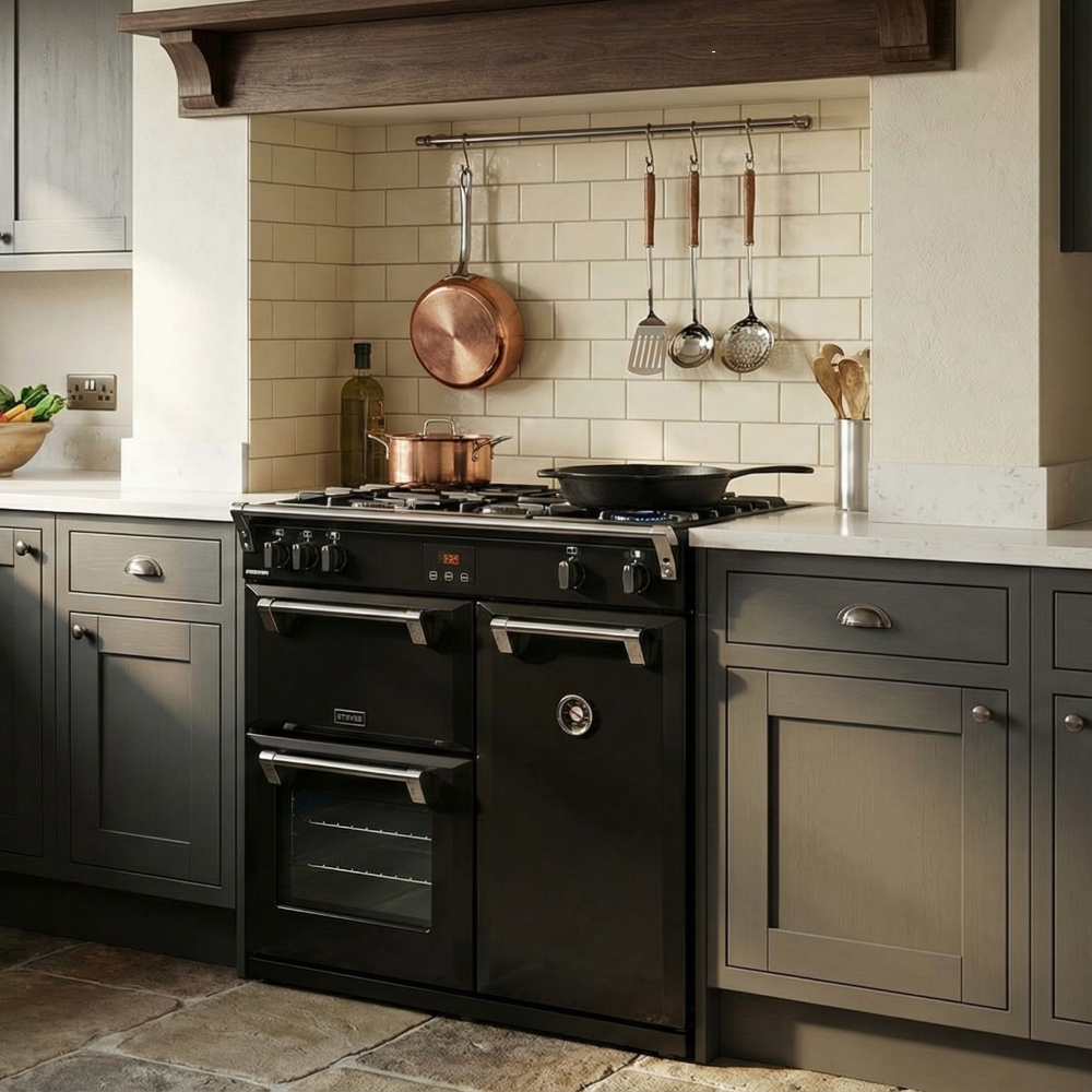 Stoves Richmond S900Ei 90cm wide Electric Range Cooker with Induction Hob in a grey kitchen