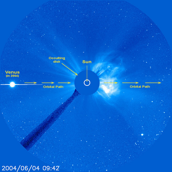 The path that Venus will take as it approaches the Sun in SOHO’s field of view. The image is from the transit of Venus in 2004, but a similar path will be taken during the transit of 2012.