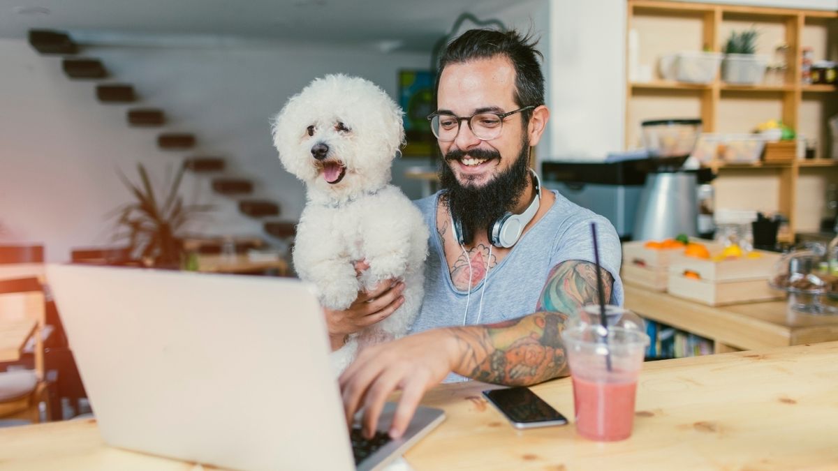 A man holds a small white dog while smiling and looking at a laptop on a table. 