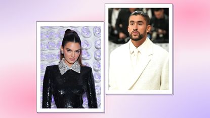 Kendall Jenner and Bad Bunny pictured at the 2023 Met Gala in a two-picture template with a pink and purple background