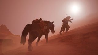 The Legend of Khiimori screenshot - Mongolian courier leading her horse up a hill amidst blowing sands