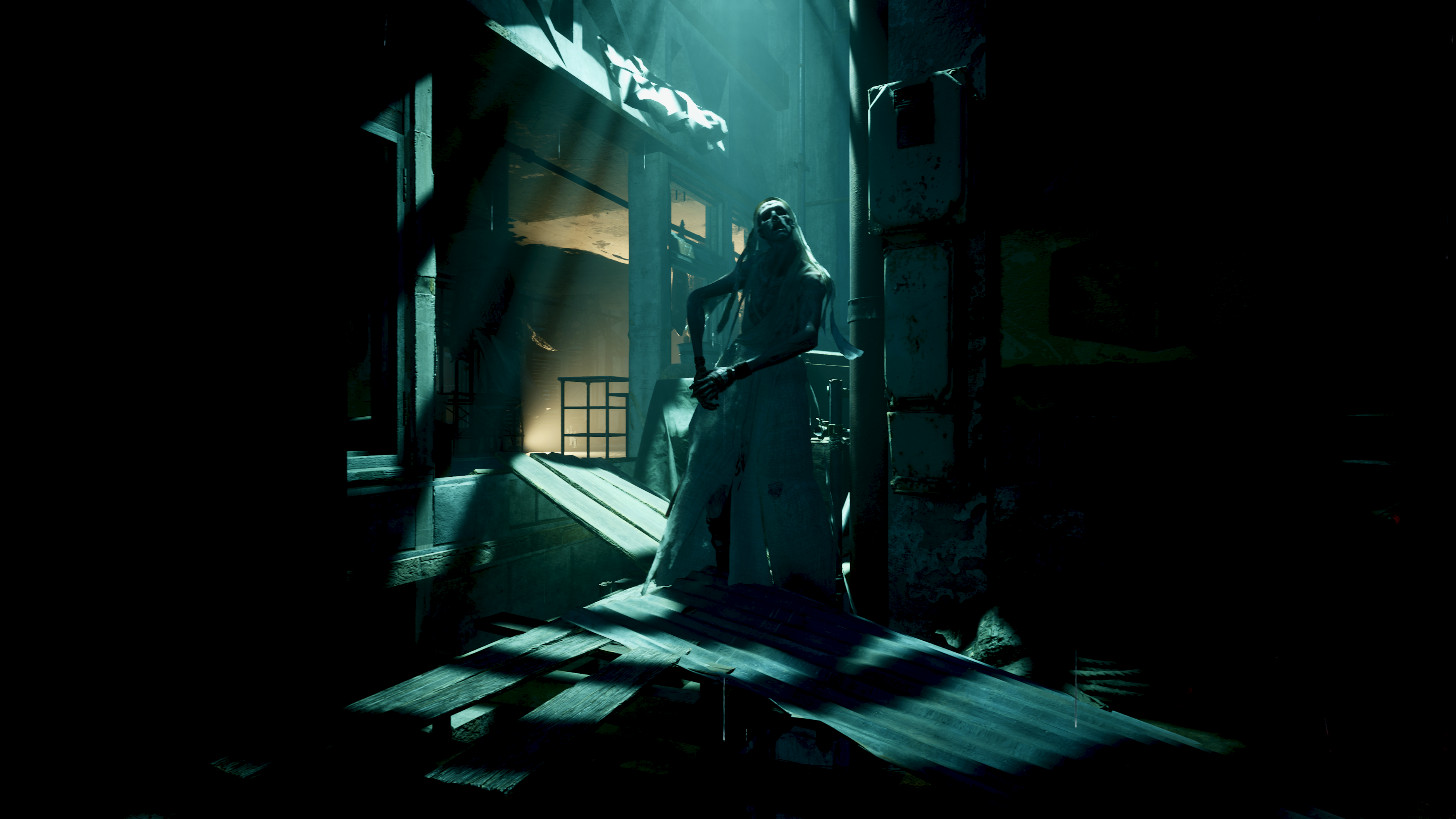 A screenshot shows a woman wearing a dress concealed by shadow