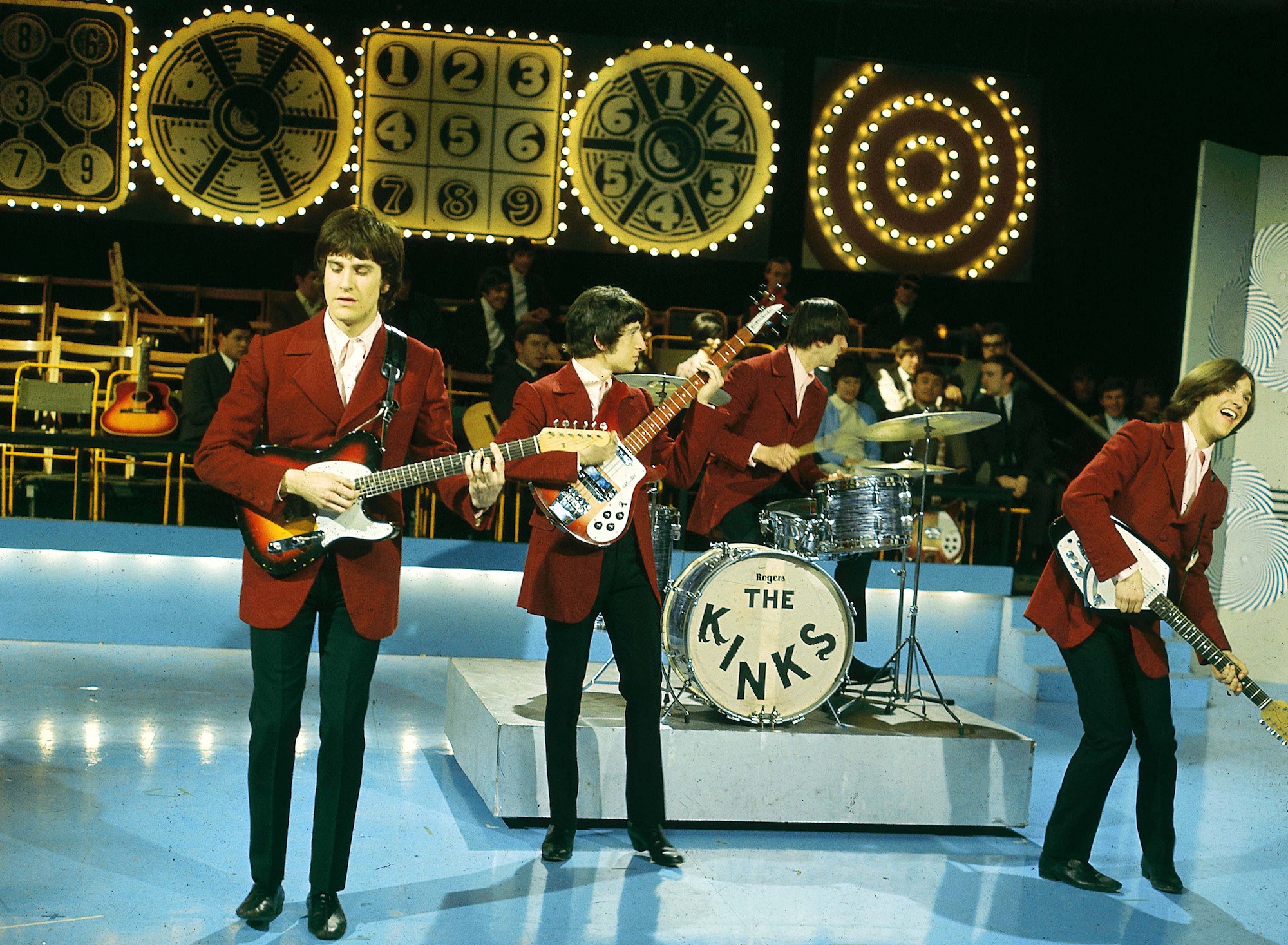 The Kinks, photographed on the set of Thank Your Lucky Stars in Birmingham, England in 1965