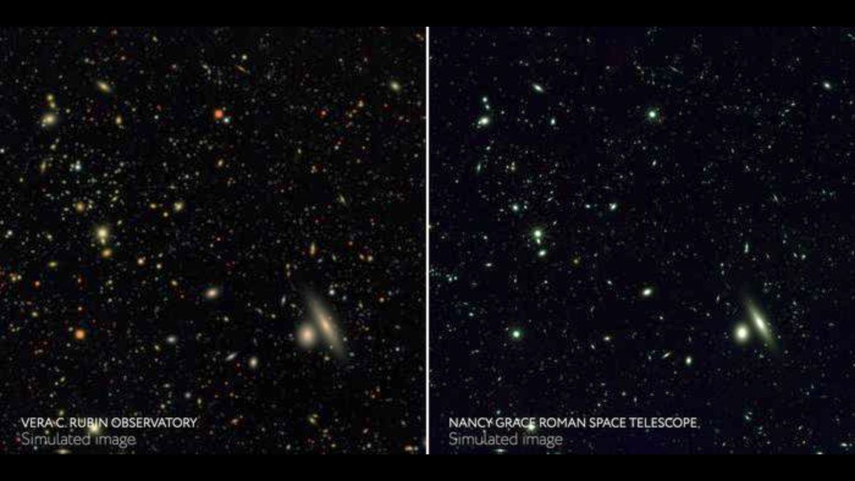 A side by side image showing a simulated Rubin view of the universe and a simulated Roman version.