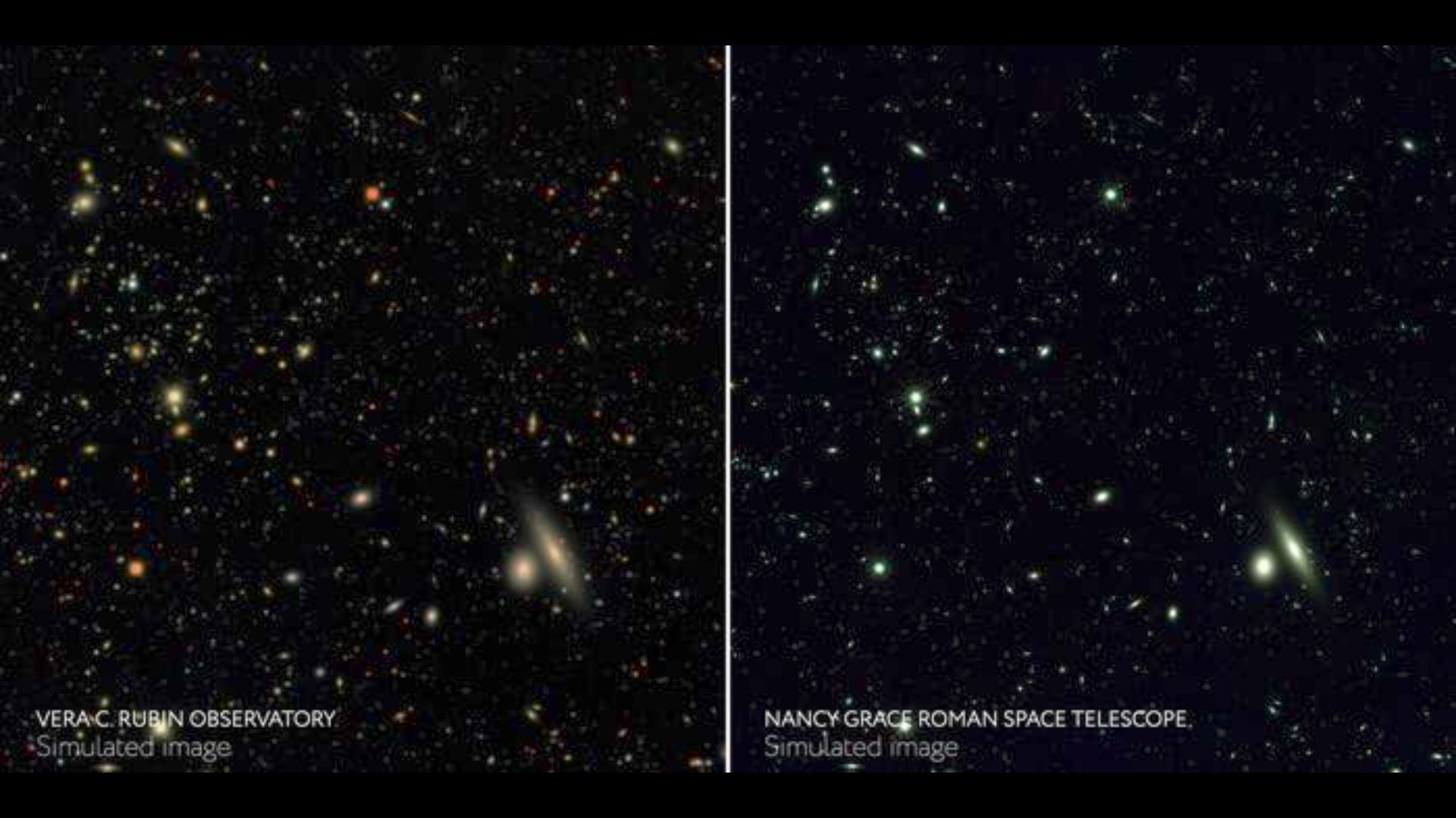 A side by side image showing a simulated Rubin view of the universe and a simulated Roman version.