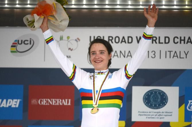 After winning a cyclo-cross world championship in February, Marianne Vos (Netherlands) adds the 2013 road race world title to her palmares