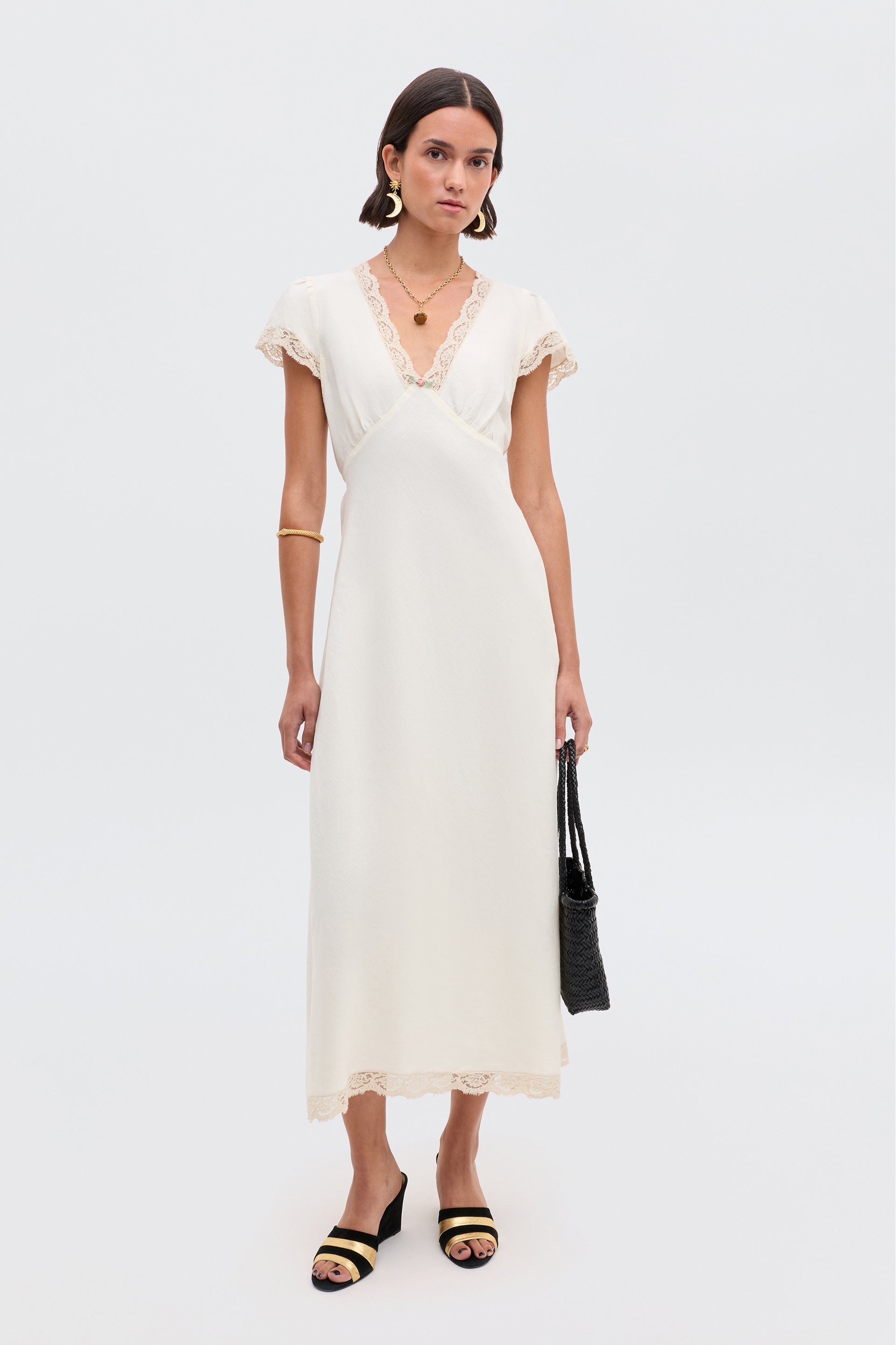 Clarice Linen Midi Dress in Cream