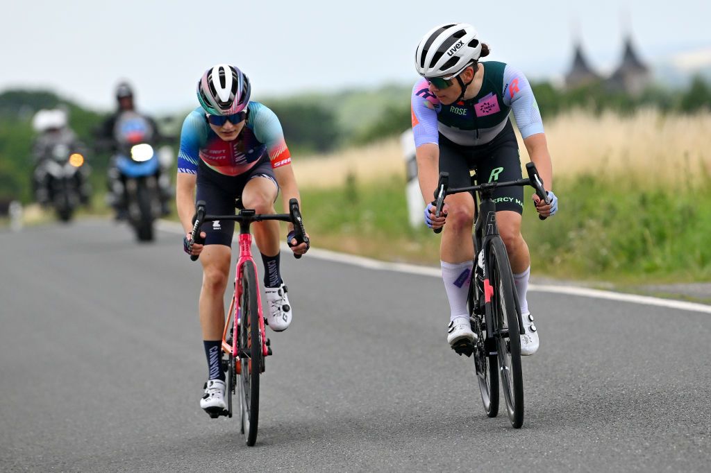 SCHMOLLN GERMANY JUNE 27 LR Justyna Czapla of Germany and Team CanyonSRAM Racing and Lisa Kromm of Germany and MaxxSolar Rose Women Racing Team compete in the breakaway during the 36th Internationale LOTTO Thringen Ladies Tour 2024 Stage 3 a 1446km stage from Erfurt to Erfurt on June 27 2024 in Schmolln Germany Photo by Luc ClaessenGetty Images
