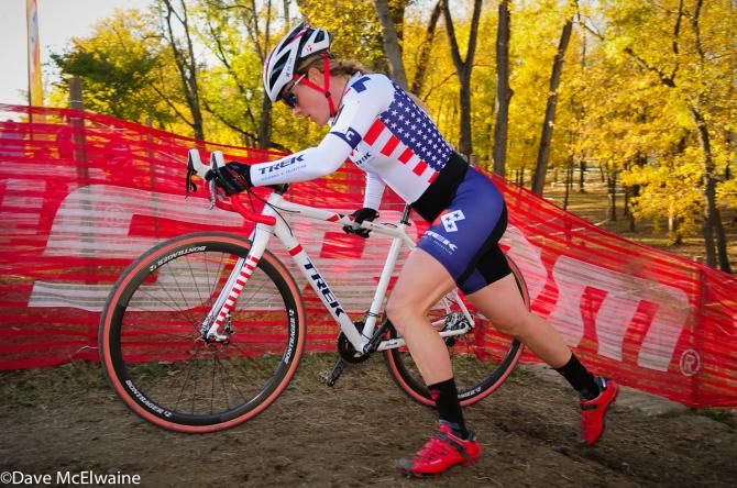 Katie Compton (Trek Cyclocross Collective) with the race lead at the stone stairs