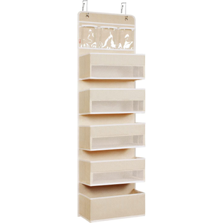 A beige, 6-tier fabric and mesh organizer