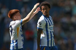 Brighton squad for 2024/25 BRIGHTON, ENGLAND - AUGUST 10: Joao Pedro of Brighton &amp; Hove Albion (R) celebrates scoring the opening goal with Valentín Barco during the pre-season friendly match between Brighton &amp; Hove Albion and Villarreal at Amex Stadium on August 10, 2024 in Brighton, England. (Photo by Steve Bardens/Getty Images)