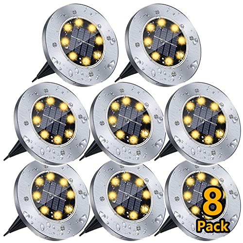 Solar Outdoor Garden Ground Lights, 8 Led Waterproof Patio Disk Lights, In-Ground Landscape Lighting, Floor Path Lights for Walkway, Lawn, Steps Decks, Pathway Yard Stairs Fences, Warm White (8 Pack)