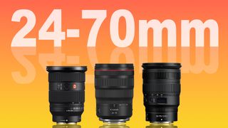 Sony, Canon and Nikon 24-70mm f/2.8 lenses on an orange and yellow background with the text &quot;24-70mm&quot; 