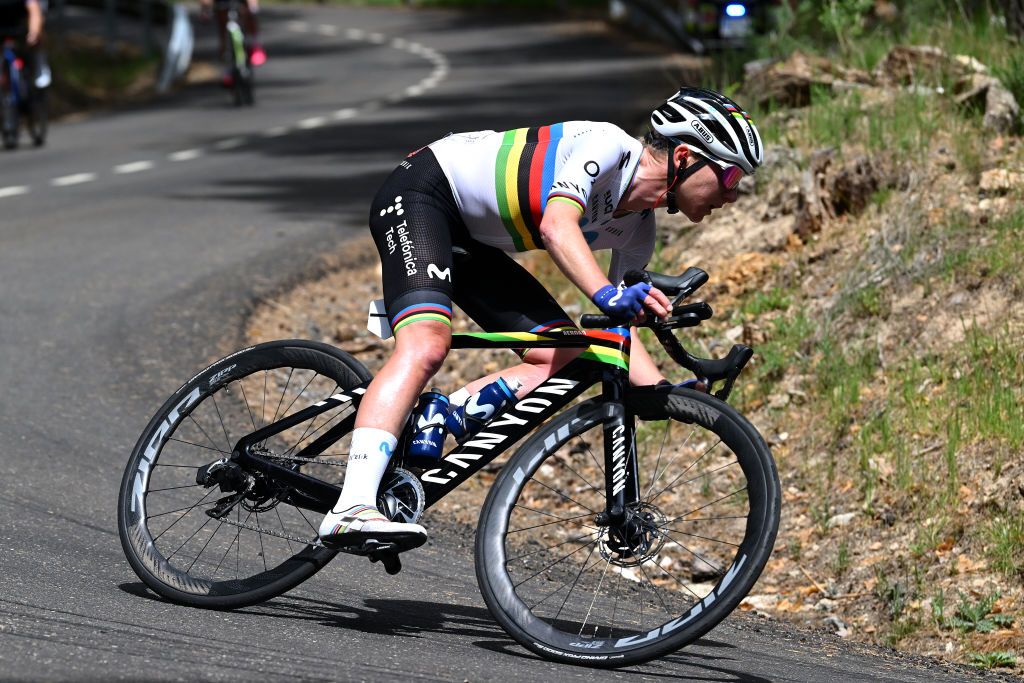 MIRADOR DE PEAS LLANAS SPAIN MAY 05 Annemiek Van Vleuten of The Netherlands and Movistar Team competes in the breakaway during the 9th La Vuelta Femenina 2023 Stage 5 a 1292km stage from La Cabrera to Mirador de Peas Llanas 1479m UCIWWT on May 05 2023 in Mirador de Peas Llanas Spain Photo by Dario BelingheriGetty Images