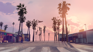 Fodgængerfelt med palmer og butiksfacader langs vejen på begge sider af vejen mod en solnedgang