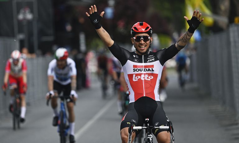 Caleb Ewan celebrates victory at the Giro d'Italia 2021