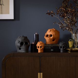 Terracotta Halloween Skull Objects against a dark wall.