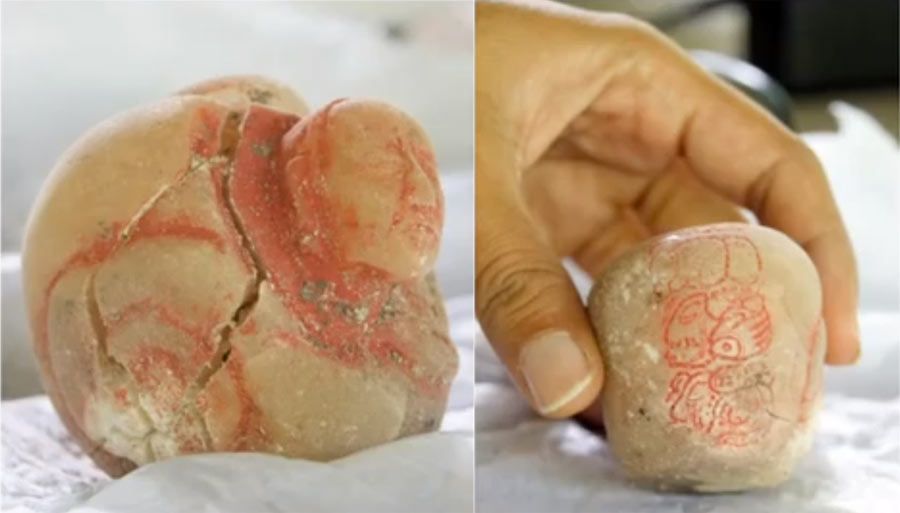 The carved alabaster vessel (shown from two sides) found in the burial chamber caused the archaeologists to conclude the tomb was that of Lady K’abel.