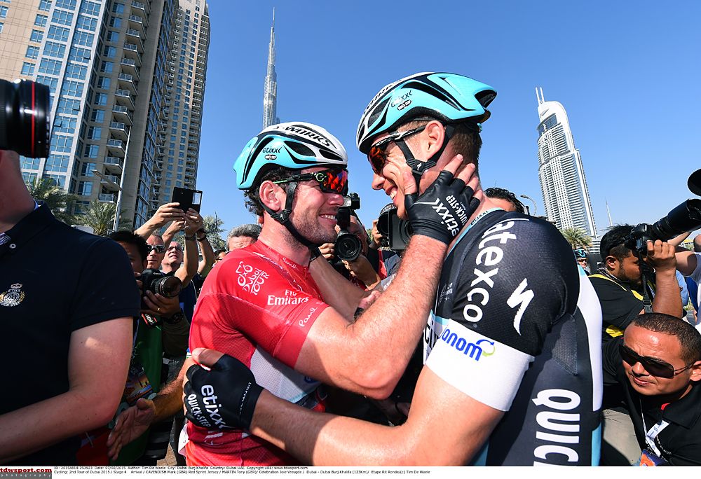 Mark Cavendish (Etixx-QuickStep) congratulated for his overall win