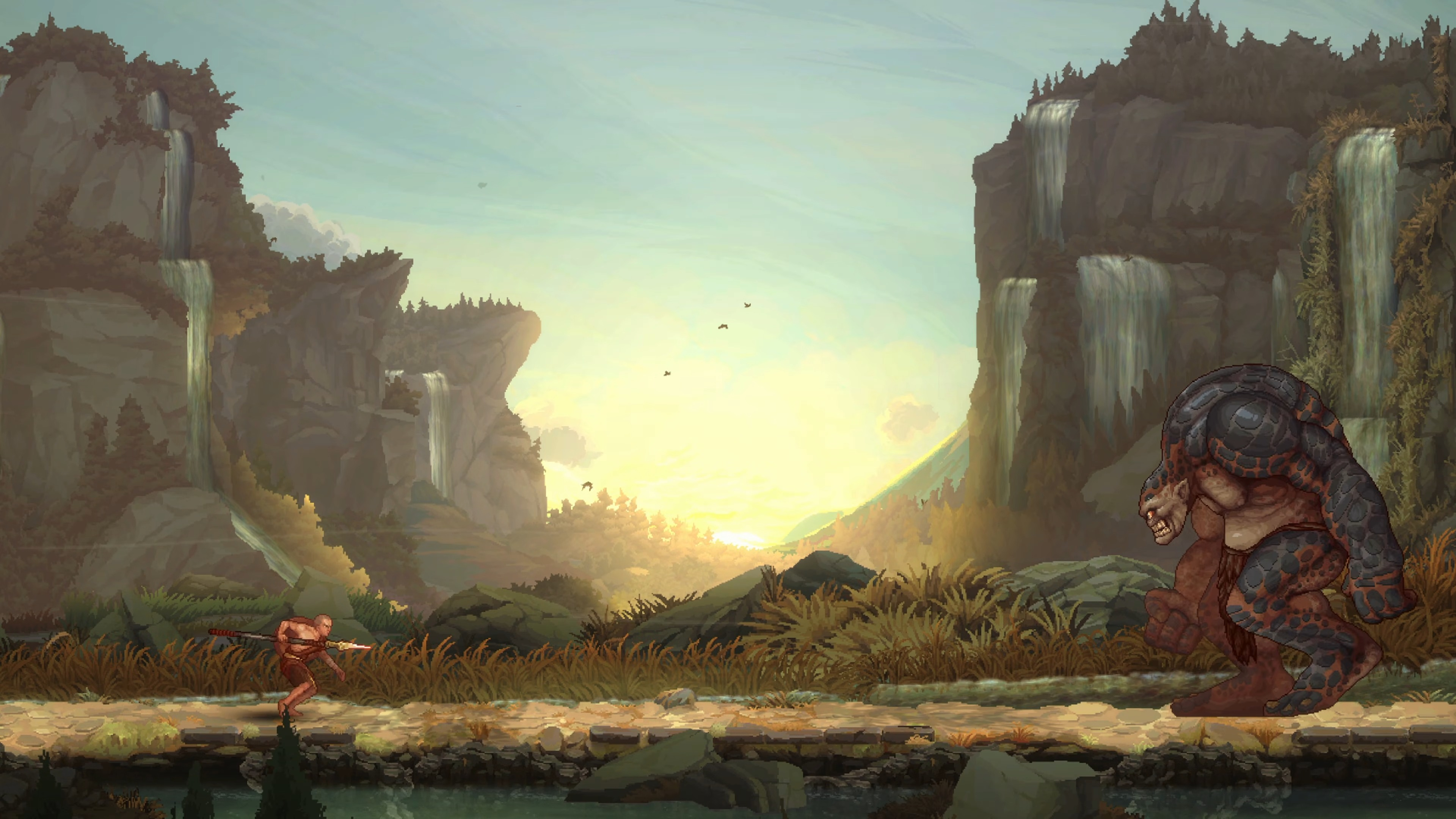 A screenshot of Kratos squaring up to a cyclops in God of War Sons of Sparta