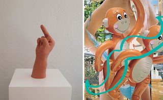 left: Daniel Petraitis, Finger, 2013; right: Jeff Koons, Monkeys (Ladder), 2003