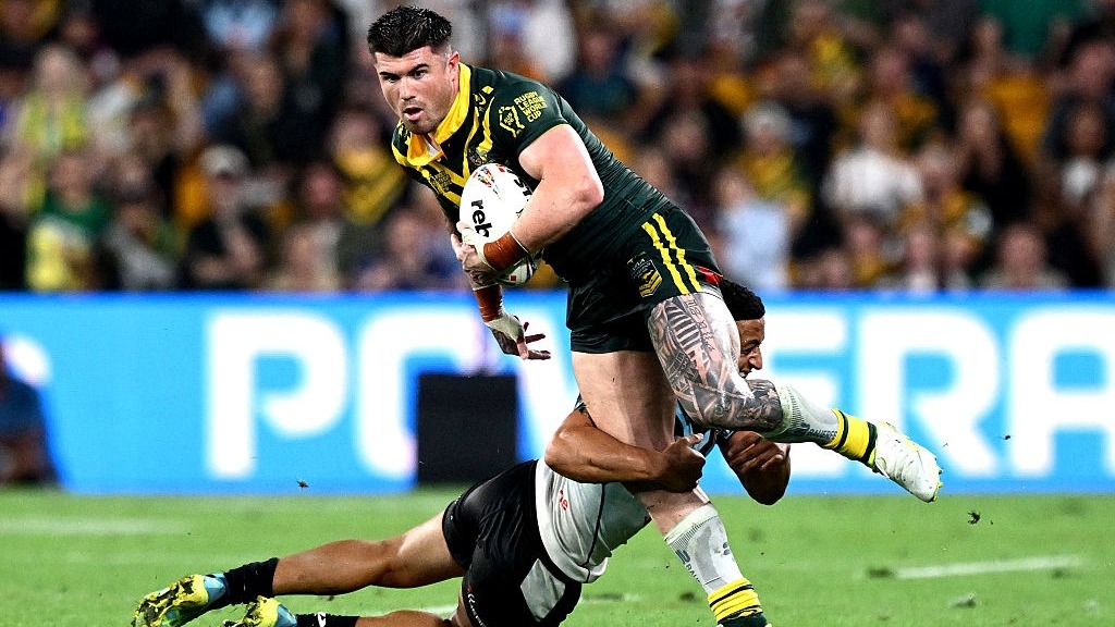 Bradman Best, of Australia, tries to ride a tackle at the Rugby League World Cup 2026