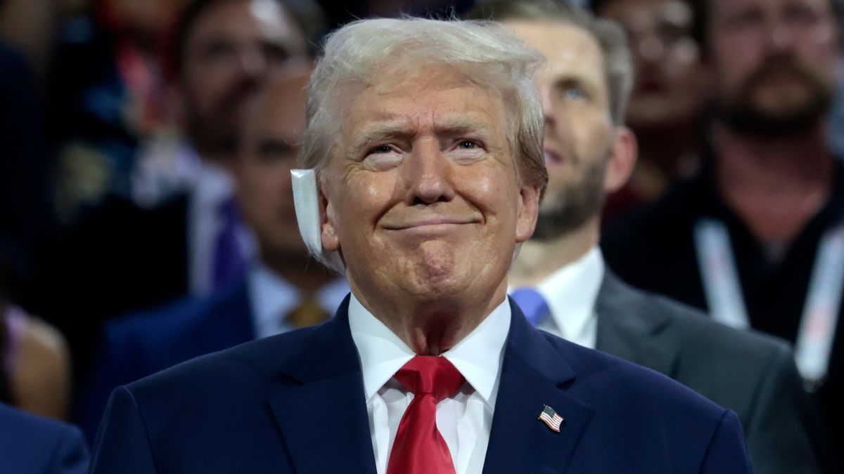 Former US President Donald Trump during the Republican National Convention (RNC) at the Fiserv Forum in Milwaukee, Wisconsin, US, on Monday, July 15, 2024. Former President Donald Trump tapped JD Vance as his running mate, elevating to the Republican presidential ticket a venture capitalist-turned-senator whose embrace of populist politics garnered national attention and made him a rising star in the party. Photographer: Eva Marie Uzcategui/Bloomberg via Getty Images