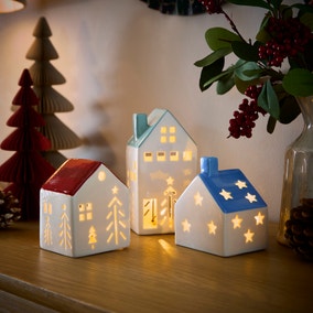 Set of 3 Ceramic Light Up House Hanging Decorations