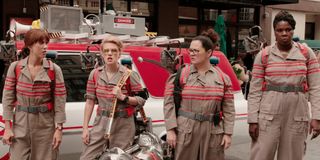 Ghostbusters Kristen Wiig, Kate McKinnon, Melissa McCartht, and Leslie Jones in their Ghostbusters uniforms