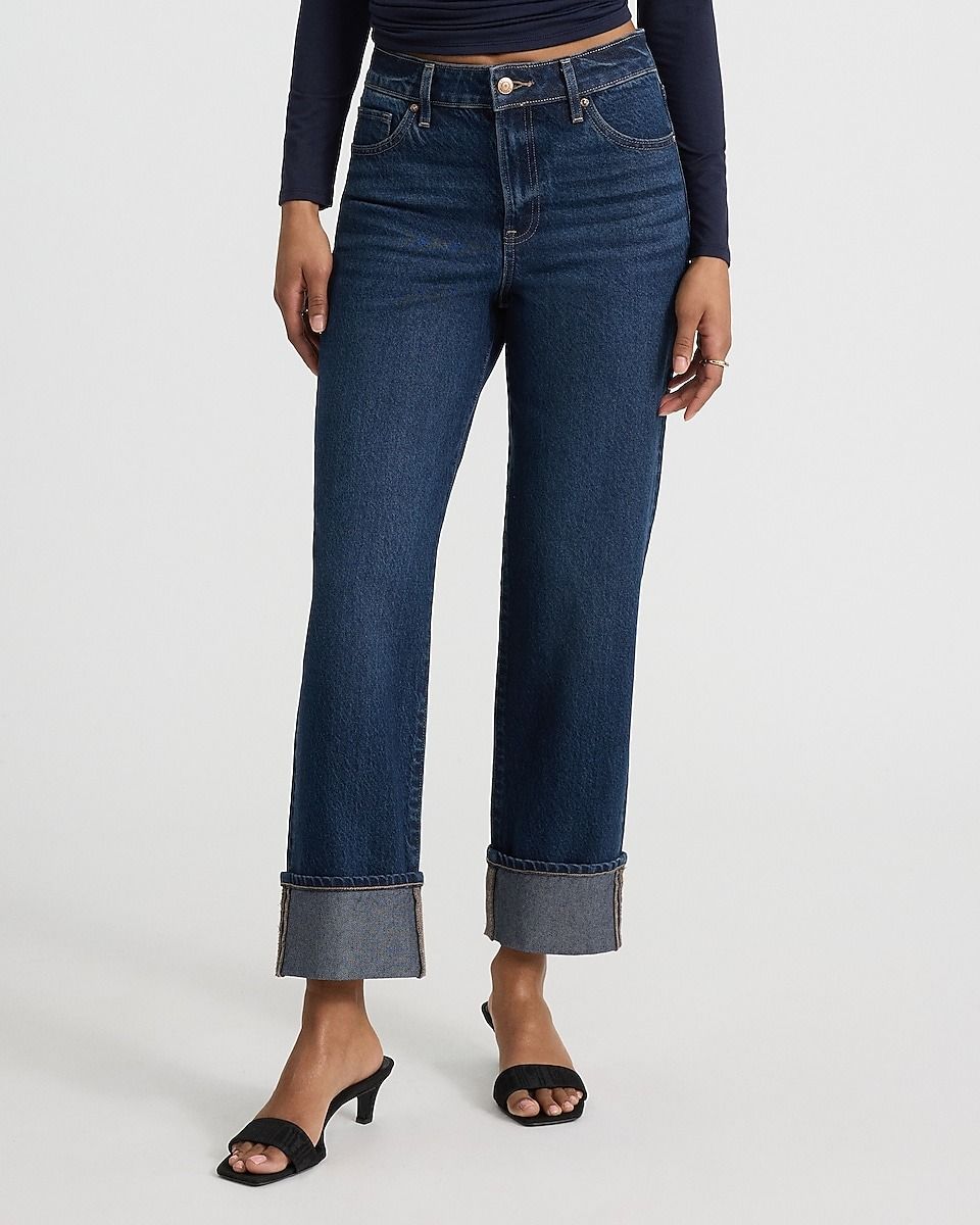express, High Waisted Dark Wash Cuffed 50/50 Rigid Stretch Straight Ankle Jean