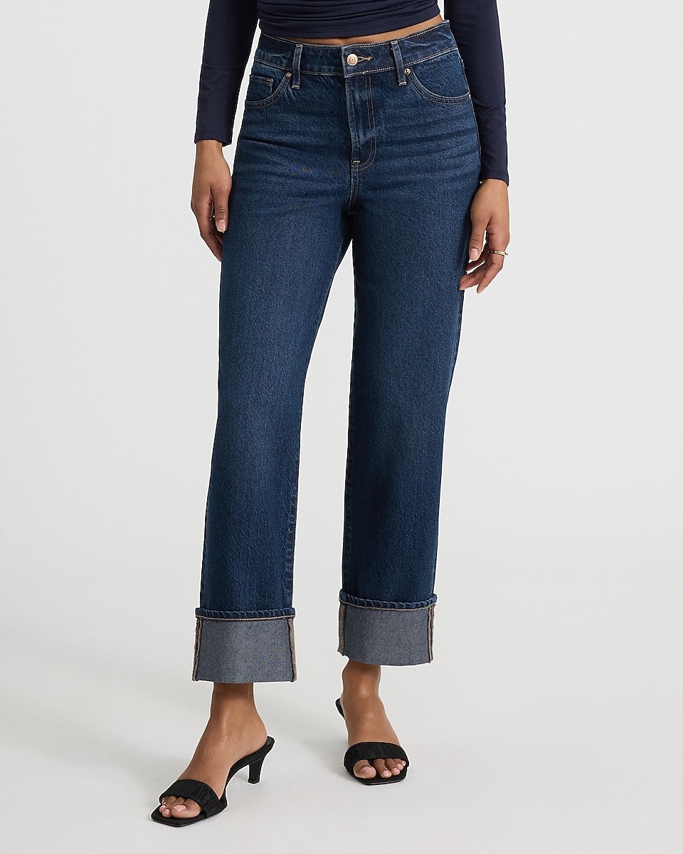 express, High Waisted Dark Wash Cuffed 50/50 Rigid Stretch Straight Ankle Jean