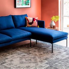 living room with rug and blue sofa