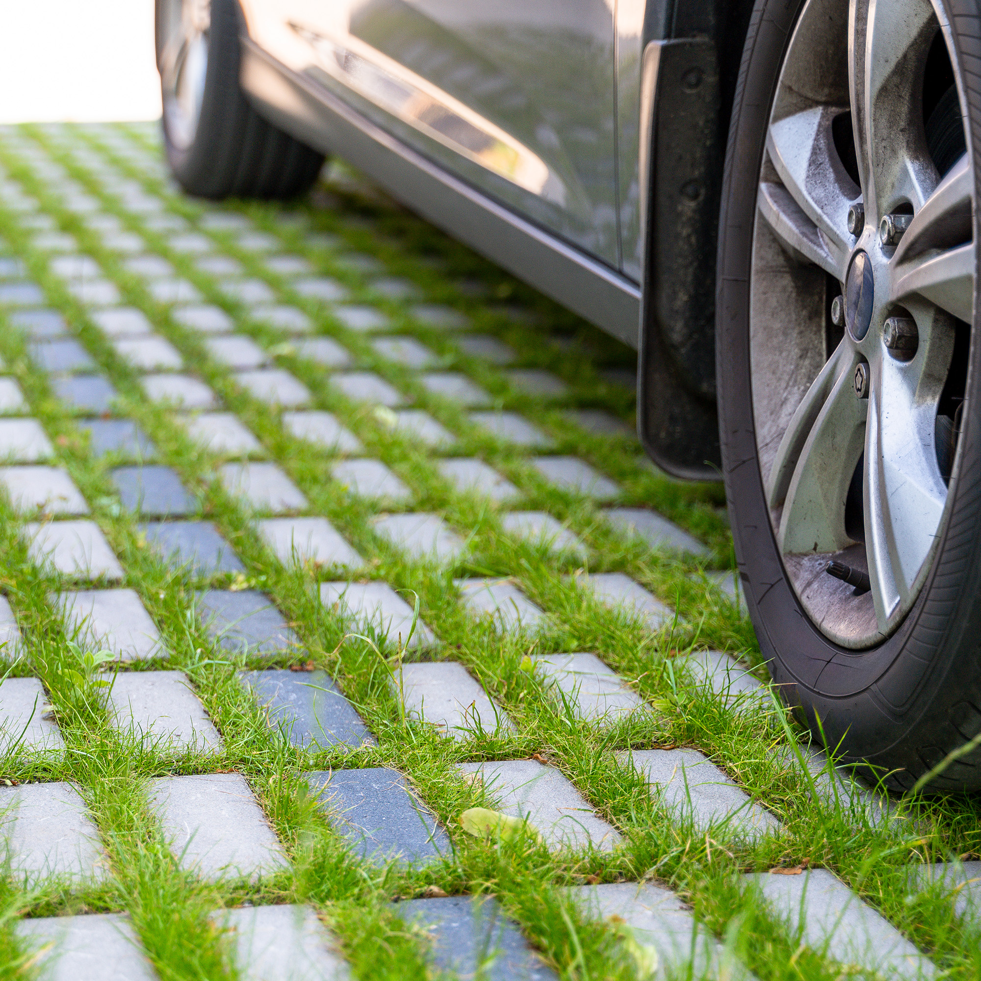 Ground-level view of eco-friendly parking space made with tiles allowing grass to grow between 