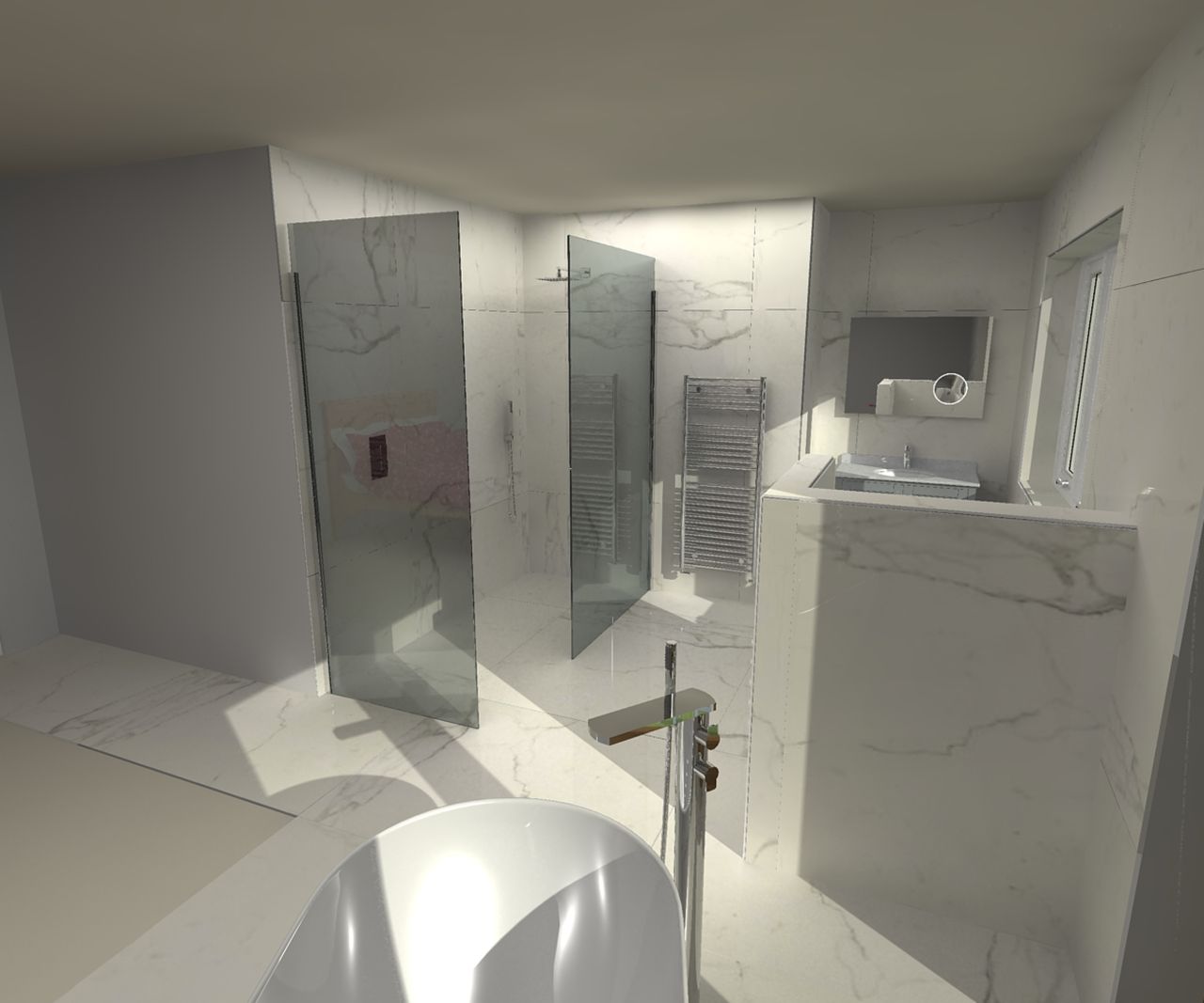 3D mock ups of open plan bathroom layout with marble tiles, glass screens, half height wall around toilet, freestanding bath, french doors and wooden bed with red covers