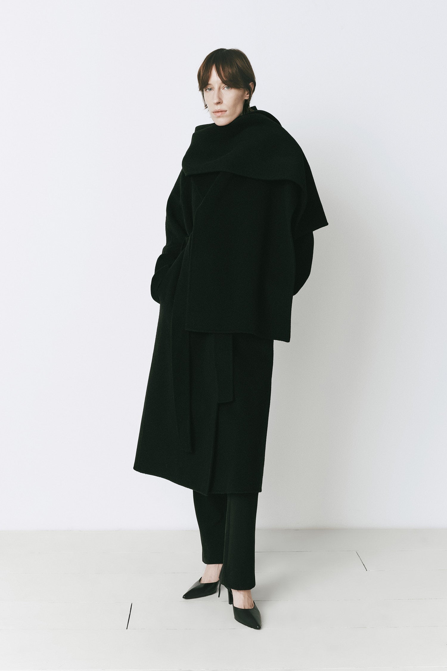 Wool & Cashmere Blend Grand Scarf Coat in Black | Rue Sophie