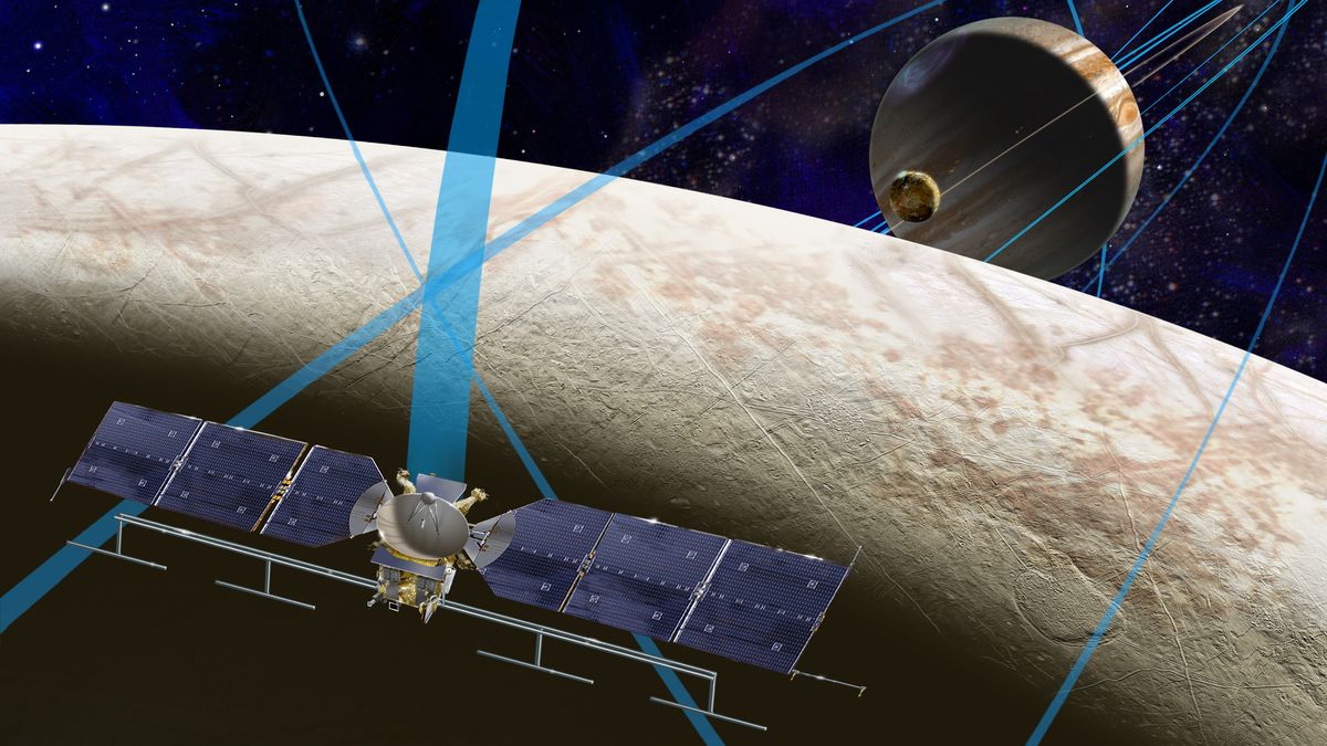 An artist&#039;s depiction of the Europa Clipper spacecraft at work around Jupiter&#039;s moon.