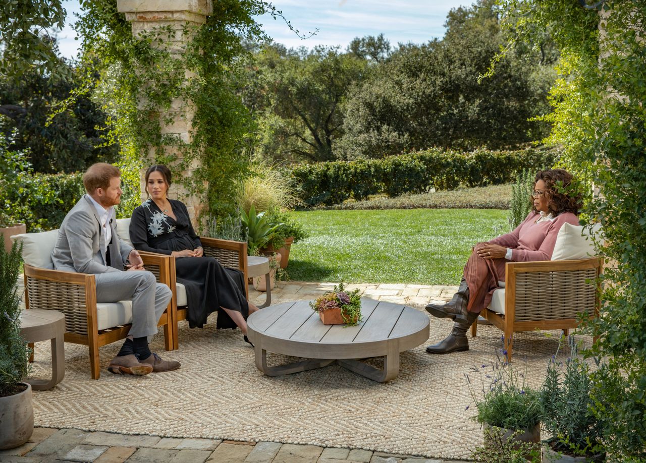 Prince Harry, Meghan Markle, and Oprah.