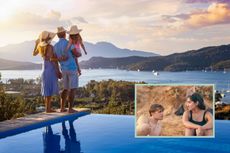 A family on holiday gazes at a beautiful view with an inset image of the characters Emma and Dexter from the Netflix series One Day 