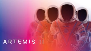 NASA's Artemis 2 moon mission crew teaser with four astronauts in spacesuits.