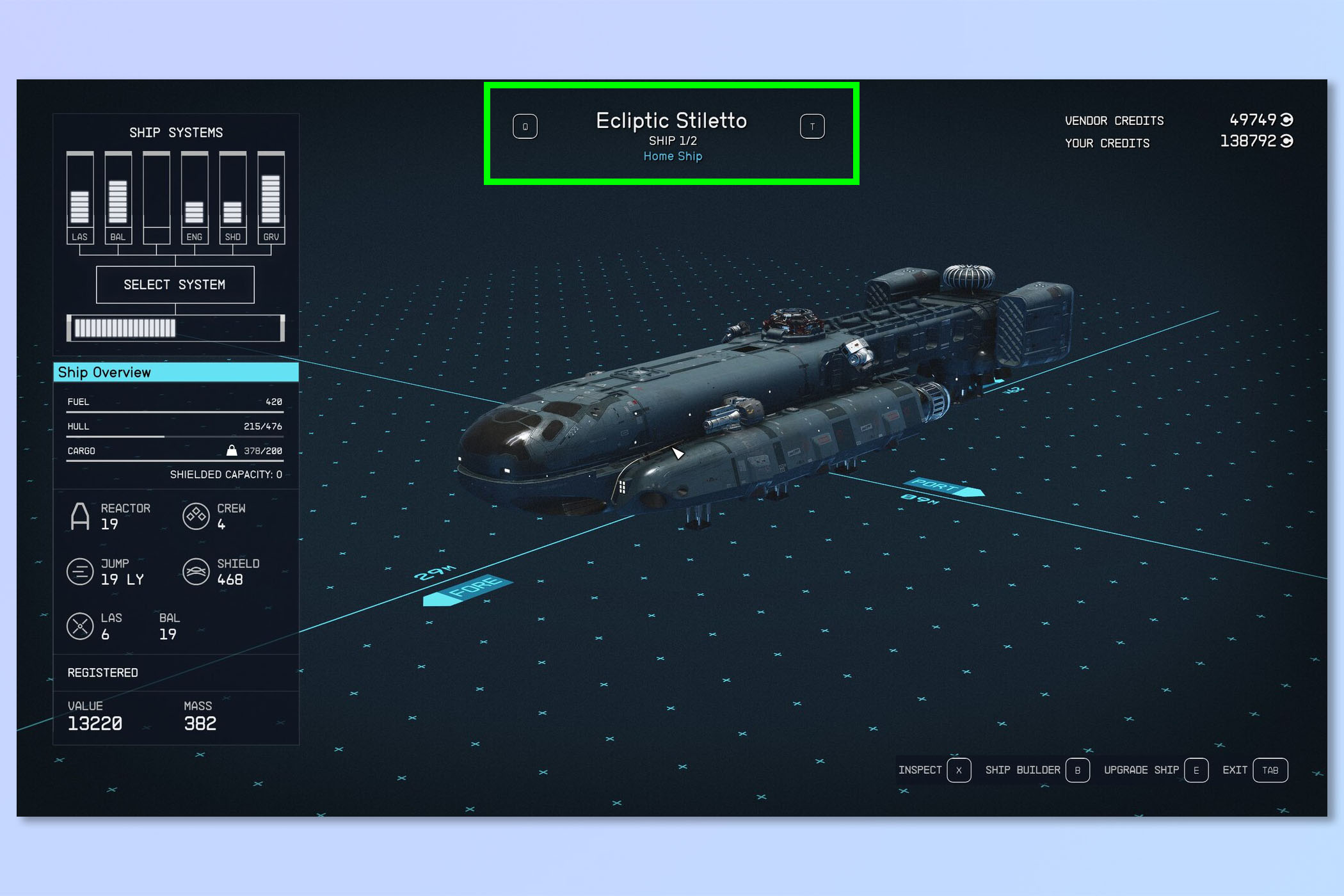 Скриншот, показывающий, как сменить корабль в Starfield.